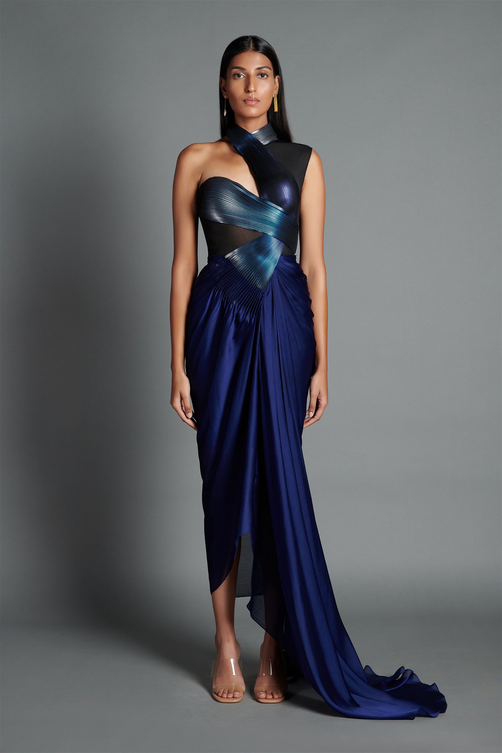 V-Neck Draped Gown with Cascading Sleeves - Body Fit | Label CHAM CHAM